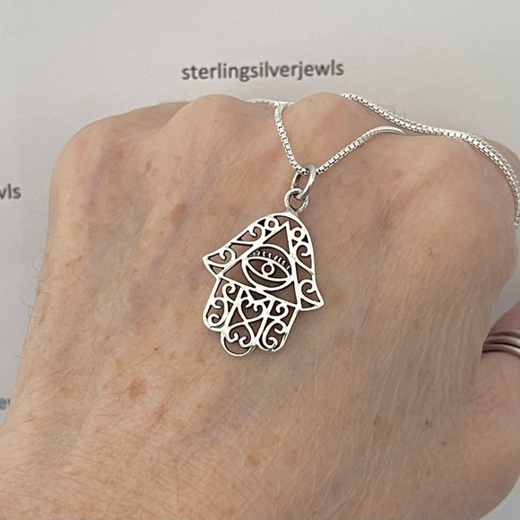 Silver Hamsa with Evil Eye Necklace, Hand of Fatima Chain, Religious Necklaces - Picture 6 of 11